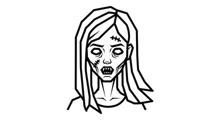 Stylized illustration of a female zombie with decaying features and sharp teeth.