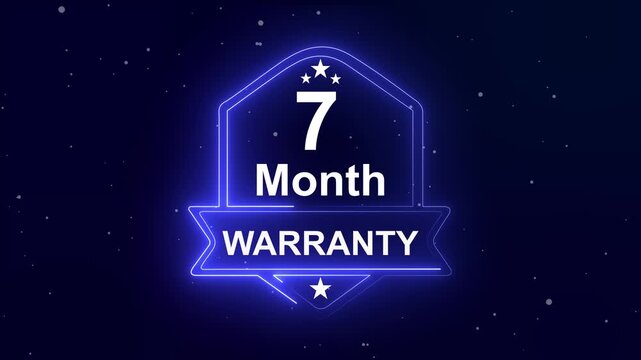 7 month warranty quality assurance concept on the transparent background. Neon Warranty shield Animation. Motion graphics of product guaranteed animated. Hundred percent authentic product.