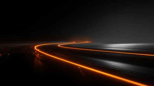 Glowing orange light trail curves across dark minimalist cinematic landscape with reflective surface and motion blur, evoking speed and futuristic atmosphere