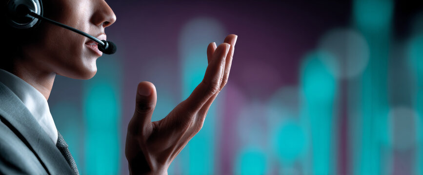 Close-up of a professional customer service representative speaking with headset and gesturing hand against blurred colorful background