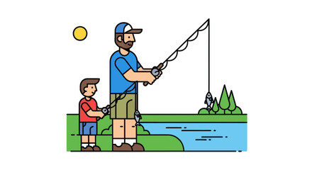 Father and Son Fishing Together by the Riverbank.