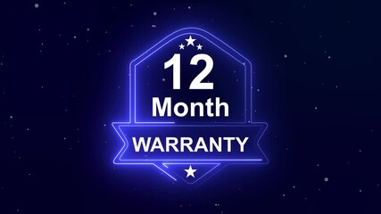 12 month warranty quality assurance concept on the transparent background. Neon Warranty shield Animation. Motion graphics of product guaranteed animated. Hundred percent authentic product.