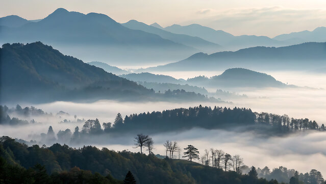 Mountain range covered in fog at early morning - Powered by Adobe