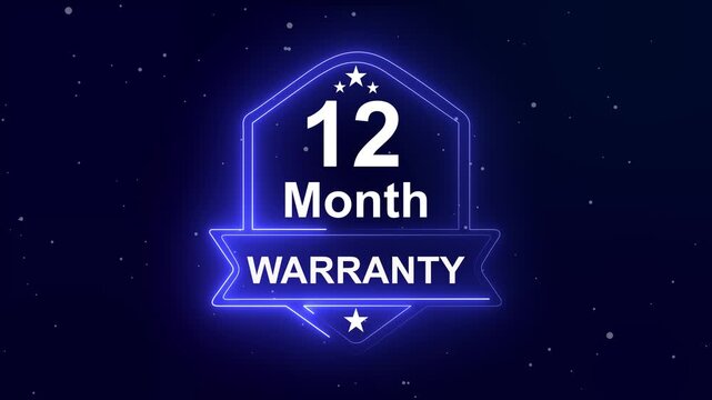 12 month warranty quality assurance concept on the transparent background. Neon Warranty shield Animation. Motion graphics of product guaranteed animated. Hundred percent authentic product.
