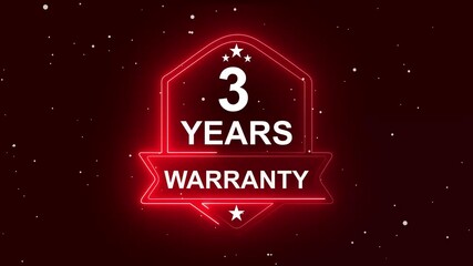3 years warranty quality assurance concept on the transparent background. Neon Warranty shield Animation. Motion graphics of product guaranteed animated. Hundred percent authentic product.