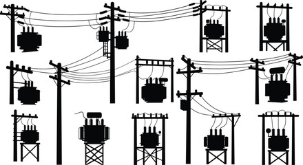 Silhouette vector illustration of electrical transformers, utility poles, and transmission towers—energy grid infrastructure layout for power distribution, engineering, and planning reference