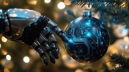 Futuristic robotic hand delicately touches a glowing circuit board Christmas ornament, blending technology and holiday spirit with warm bokeh lights.