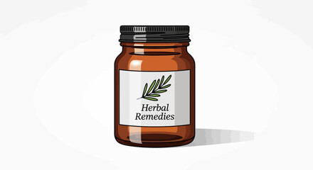 A brown jar with a black lid has a label with a green plant and text Herbal Remedies