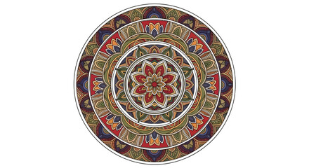 A circular mandala with intricate symmetrical designs of layered floral patterns in red green yellow and blue framed by white lines