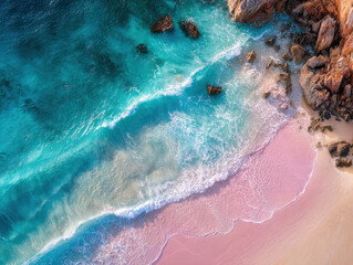 Pink sand beach with turquoise wave, coastal rock outcrop, aerial seascape, pastel shoreline, soft foam, dreamy mood, tranquil vista
