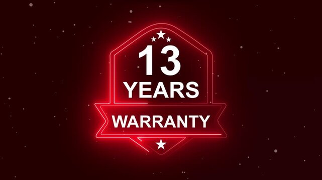 13 years warranty quality assurance concept on the transparent background. Neon Warranty shield Animation. Motion graphics of product guaranteed animated. Hundred percent authentic product.
