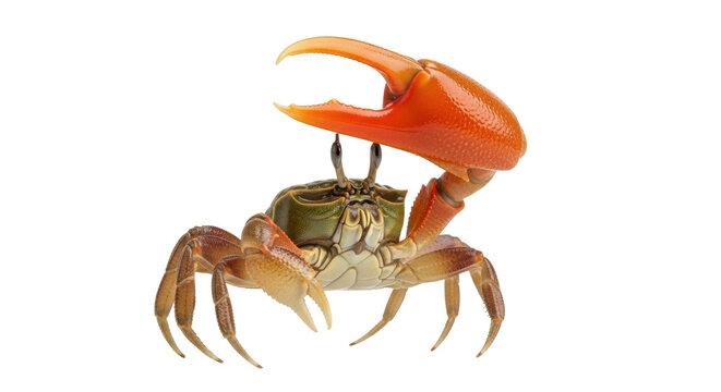 Isolated fiddler crab with large claw in a defensive posture, a crustacean on its own, alone