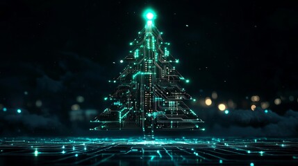Stunning futuristic circuit board Christmas tree glows with vibrant cyan lights in a dark, high-tech digital landscape, perfect for holiday tech themes