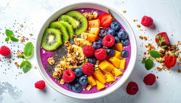 The image shows a bright purple acai bowl, served in a white bowl against a textured white background. The bowl is filled with a variety of macal