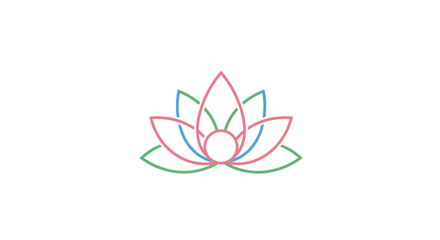 A symmetrical lotus flower outline in pink green and blue with a central circle isolated on a white background