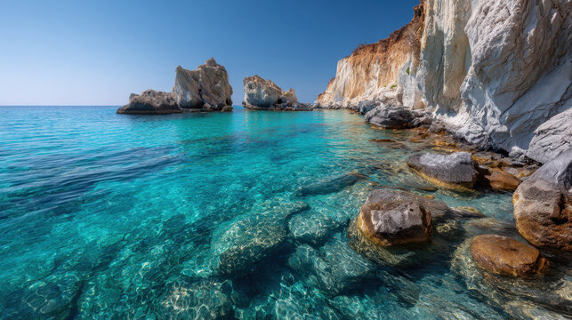 Turquoise water panoramic seascape mural view of white cliff and rocky shoreline with clear shallow water sparkling bright sun and blue sky, serene coastal landscape with natural rock formations