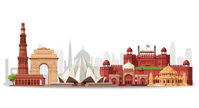 A vivid illustration displays Delhi landmarks including the Lotus Temple Qutub Minar India Gate Red Fort