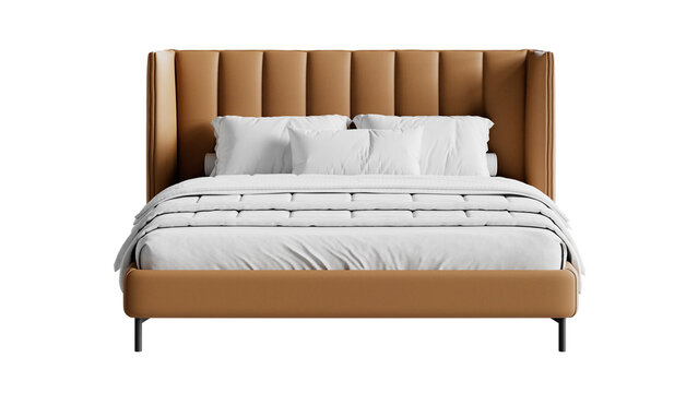 Modern double bed with bedding on a transparent background. Furniture for mockups, presentations, and marketing materials.