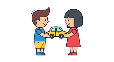 Two cartoon children sharing a yellow toy car.