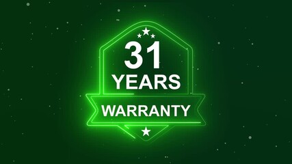 31 years warranty quality assurance concept on the transparent background. Neon Warranty shield Animation. Motion graphics of product guaranteed animated. Hundred percent authentic product.