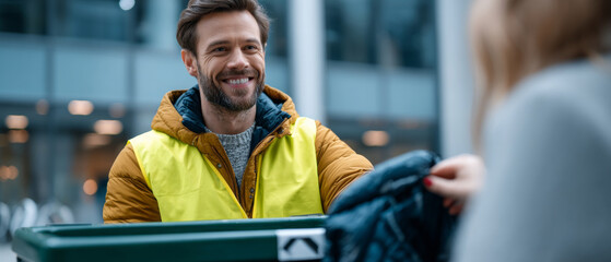 Smiling volunteer in yellow vest handing over a jacket to a person during an outdoor charity clothing donation event in an urban setting