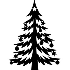 Fototapeta premium Christmas tree silhouette decorated with stars and baubles in a classic woodcut style vector graphic for holiday designs.