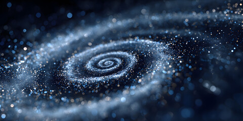 Abstract background with shiny multicolored particles flying out of a circle in the center of the background in a spiral, space for text, wavy lines, bokeh.