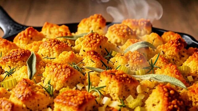 Steaming hot golden cornbread stuffing baked in a cast iron skillet, garnished with fresh aromatic herbs