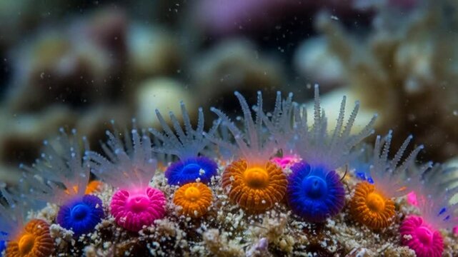 Mesmerizing macro shot of vibrant zoanthid corals with intricate tentacles in a marine environment