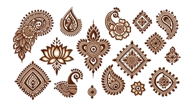 Intricate henna patterns paisley lotus diamonds flowers and a peacock in earthy brown tones on a white backdrop