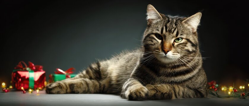 Charming tomcat enjoying a festive New Year scene