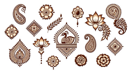 Ornate henna tattoo patterns paisley flowers lotus square peacock leaves droplets on a white background
