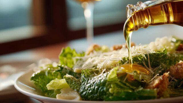 Pouring Golden Olive Oil Over Fresh Green Caesar Salad Topped with Grated Parmesan Cheese and Croutons with Soft Sunlight Glinting on Ingredients