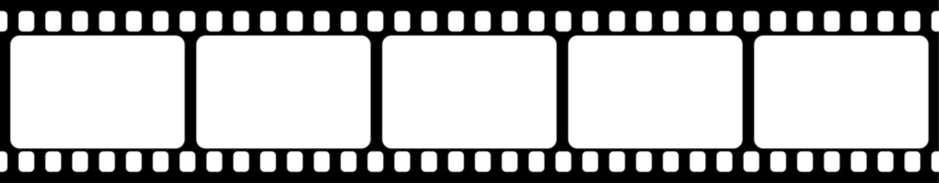 Grunge 35mm film strip background vector with blank frames, perfect for vintage cinema photography and movie reel illustration