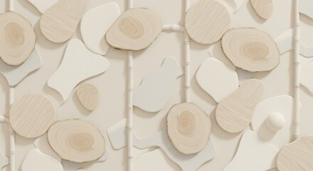 A neutraltoned 3D art piece with organic shapes wood slices and bamboolike rods arranged on a flat surface