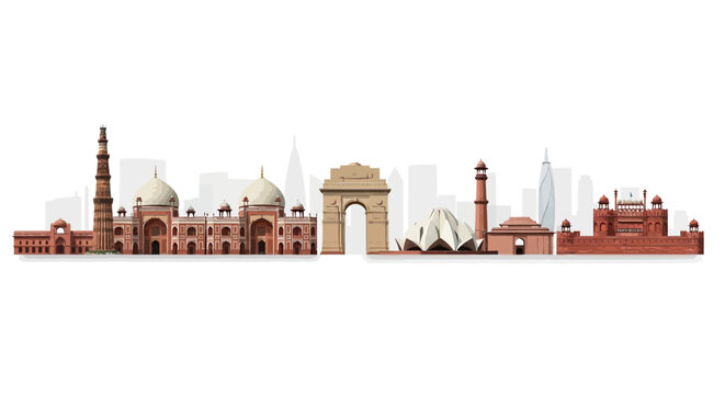 Skyline with architectural landmarks in red brown and white tones set against a hazy white backdrop