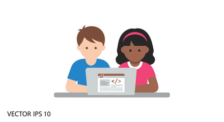 Two children learning to code on a laptop computer together.