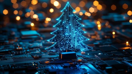 Stunning digital Christmas tree crafted from glowing blue circuits, symbolizing modern holiday tech and festive innovation against a bokeh background