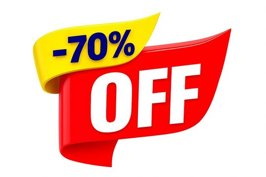 Bold red and yellow ribbon banner announcing a seventy percent off sale with clear white text - Powered by Adobe