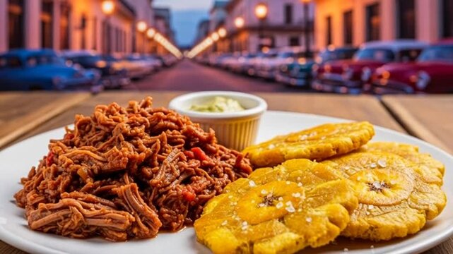 Delicious Cuban Ropa Vieja with Tostones against a Havana street backdrop creating a culinary