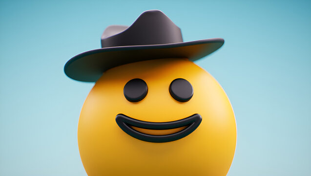 Happy cartoon character emoticon with a big smile, sporting a classic black cowboy hat in a 3D digital illustration, Generative AI