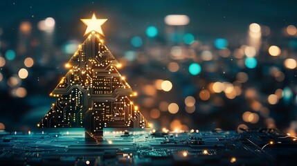 Stunning circuit board Christmas tree glows brightly against a bokeh cityscape, symbolizing innovation and festive tech spirit