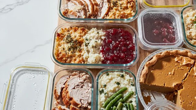 Thanksgiving meal prep with divided glass containers for holiday leftovers organization and healthy portion control