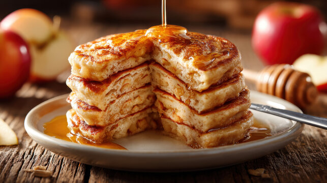 Fluffy oatmeal apple pancakes stacked on plate with honey drizzle, rustic breakfast scene with apple slices and wooden table, warm cozy mood, morning comfort - Powered by Adobe