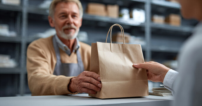 Senior man handing over a brown paper shopping bag to a customer in a retail or store environment with shelves in the background