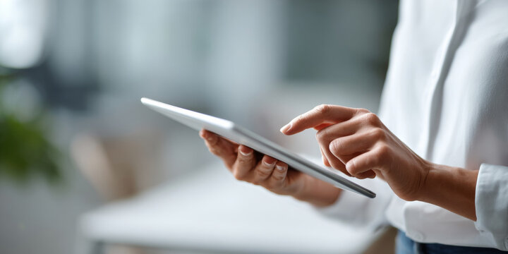 Close-up of person using digital tablet with finger tapping screen in modern indoor setting with blurred background
