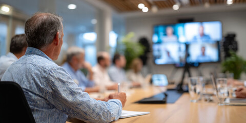 Business meeting with diverse professionals attending hybrid video conference in modern setting with digital screens and note-taking