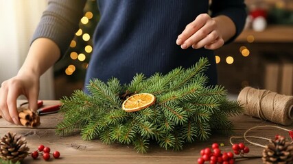Woman decorating evergreen wreath with dried orange and cinnamon stick for Christmas celebration - Powered by Adobe