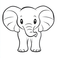 Obraz premium Cartoon elephant, large ear, cute, animal, black and white, simple line art, happy
