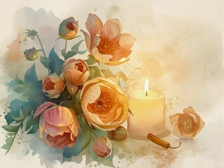 Romantic floral arrangement with peonies and candle glowing softly, perfect for creating a serene and elegant mood for wedding invitations or heartfelt greetings